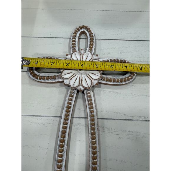 Whitewashed Beaded Wall Cross with Flower Center Farmhouse Decor 13” x 9” - Picture 3 of 5